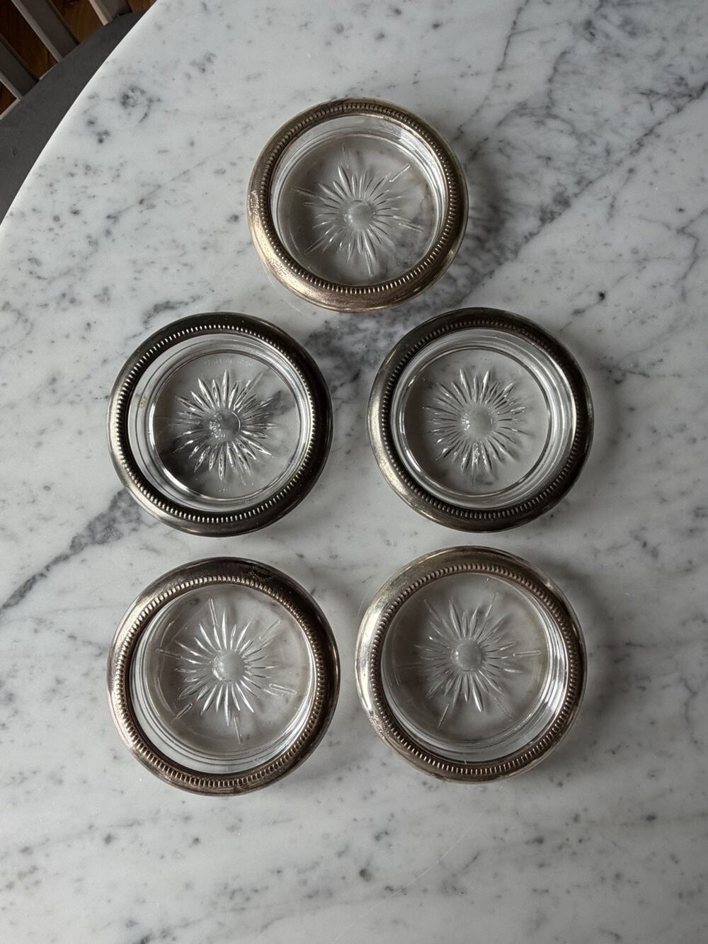 Set of 5 Leonard Silver Plated Glass Coaster Starburst Pattern Round Stackable